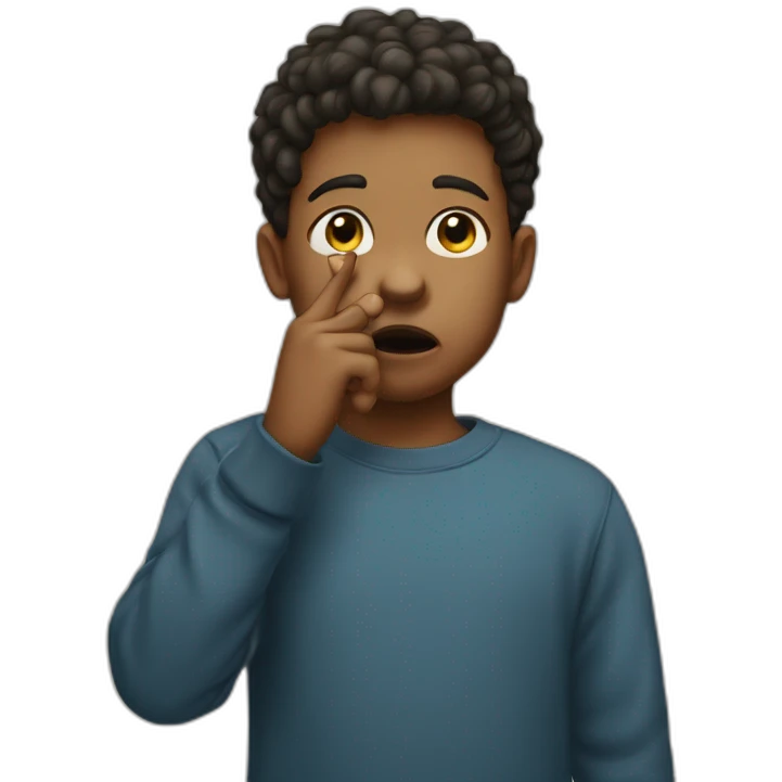 A boy with his finger in his mouth making the silence sign emoji