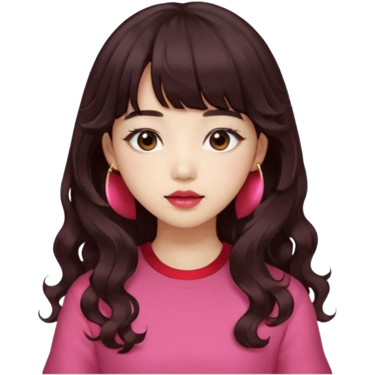 Korean girl, red top, black brown hair, brown eyes, long curly hair, aesthetic, long hair, hime cut, blunt bangs, pink lip, Cool girl emoji
