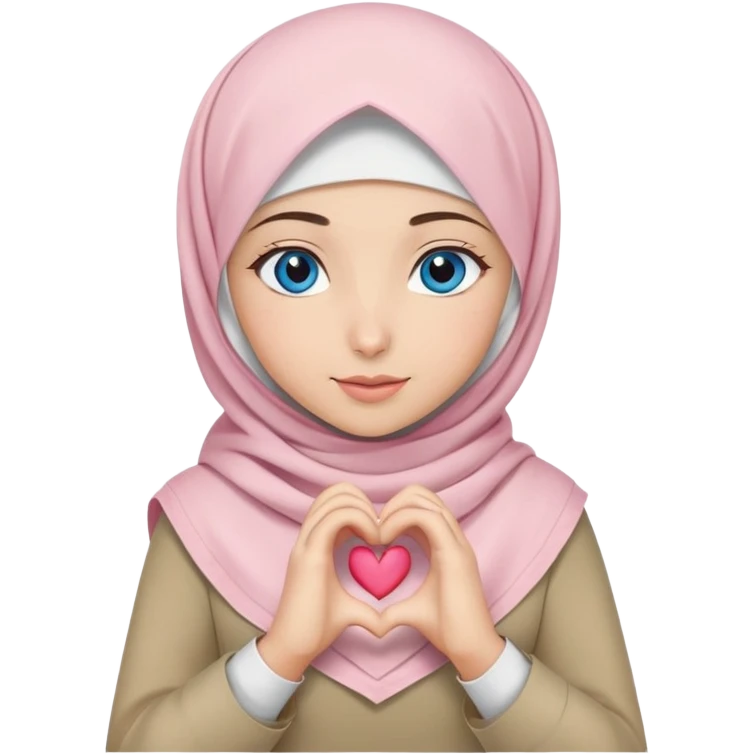 Turkish beautiful finish Konya girl blue eyes with khaki and light pink hijab islamic dress and making heart with hands emoji