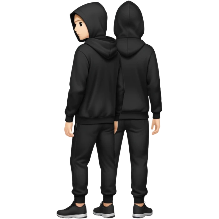 fullbody Mysterious shy caucasian man in black hoodie on head, hands in pockets and black pants rear backview emoji
