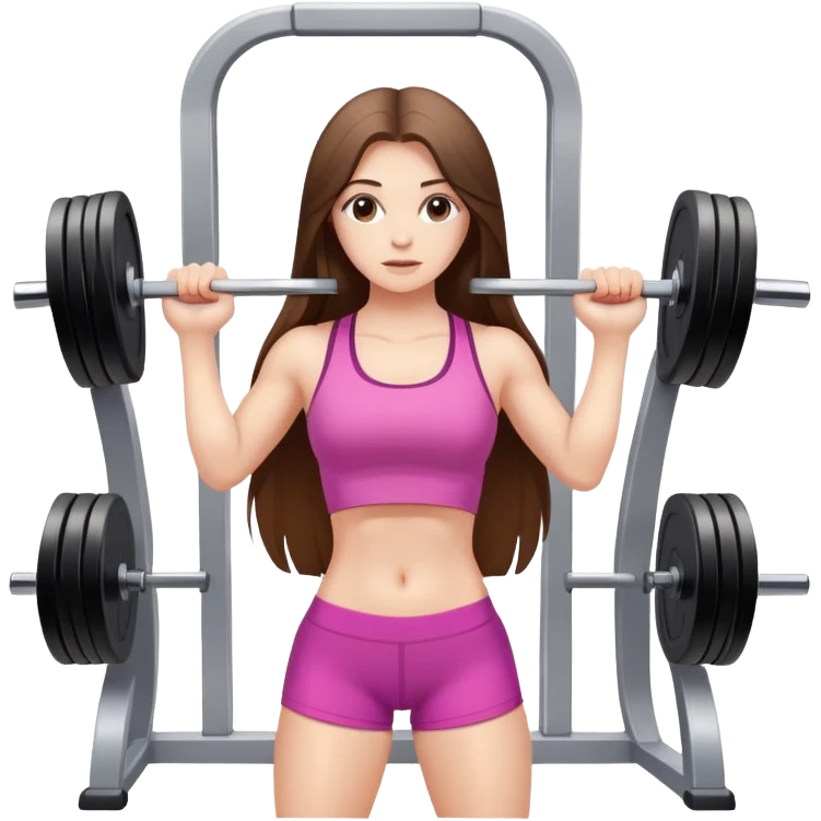 white cute girl with long brunete hair doing a square with weight in the gym emoji