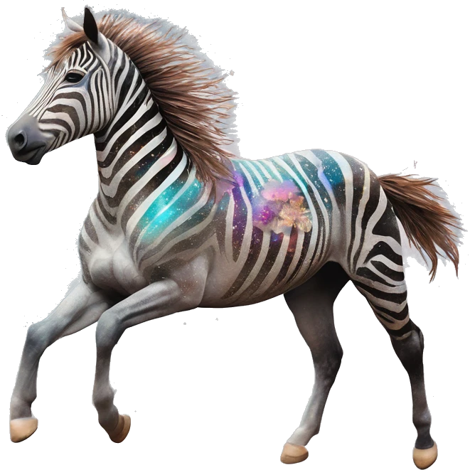Ethereal zebra newspaper cutting flowers graffiti magazine collage glittering iridescent rich chestnut brown blue mane horse galloping through constellations and nebulas, unicorn Pegasus emoji