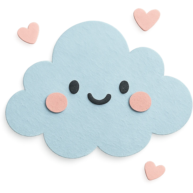 cute fluffy cloud, tiny floating pink hearts around, soft pastel palette, no arms or legs, full body, paper craft style emoji
