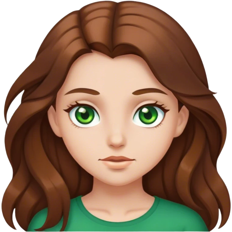 Girl with brown long hair, middle hair part, green eyes emoji