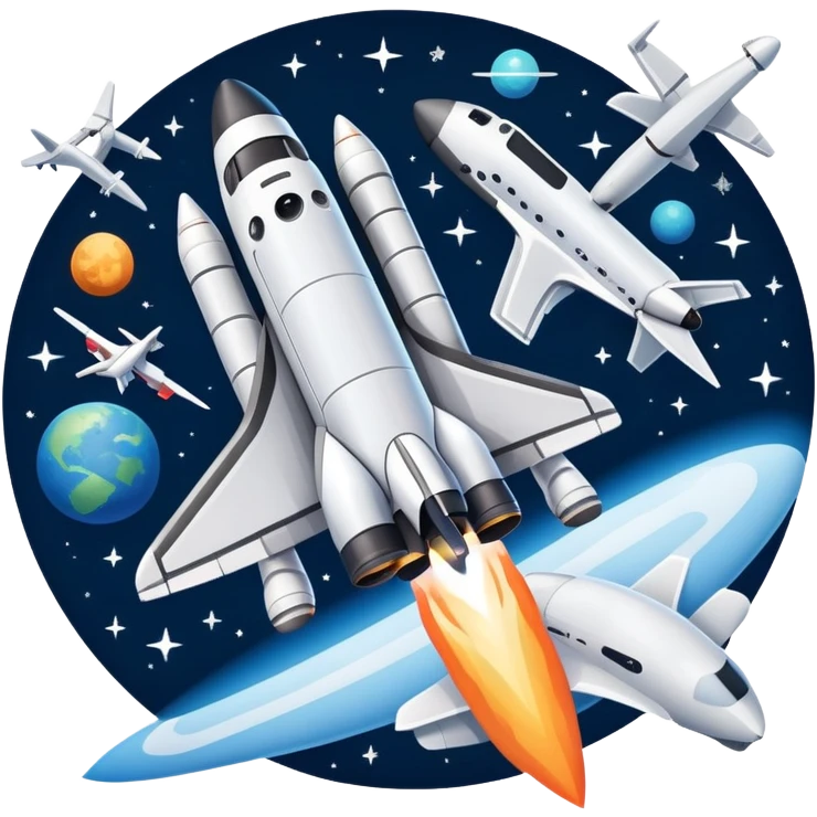 An icon featuring a space shuttle, a drone, and an airplane against a starry sky, symbolizing aerospace technology. The design includes rocket boosters and satellite orbits, representing the exploration of space and advanced aviation. Transparent background emoji