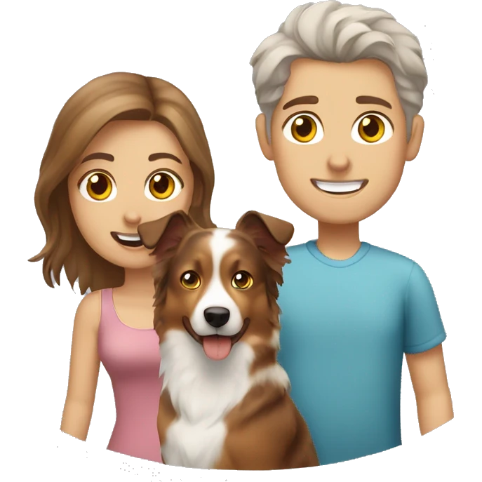 White couple with Australian shepherd dog and brown tabby cat emoji