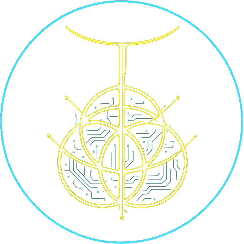 Transform the Elden Ring symbol into a cyberpunk, holographic style with glowing neon yellow edges and intricate circuit patterns, enclosed within a neon dark blue circular outline. The overall look should be futuristic, glowing, clean, and match previous cyberpunk icons. Keep the background transparent. No extra elements or text. emoji