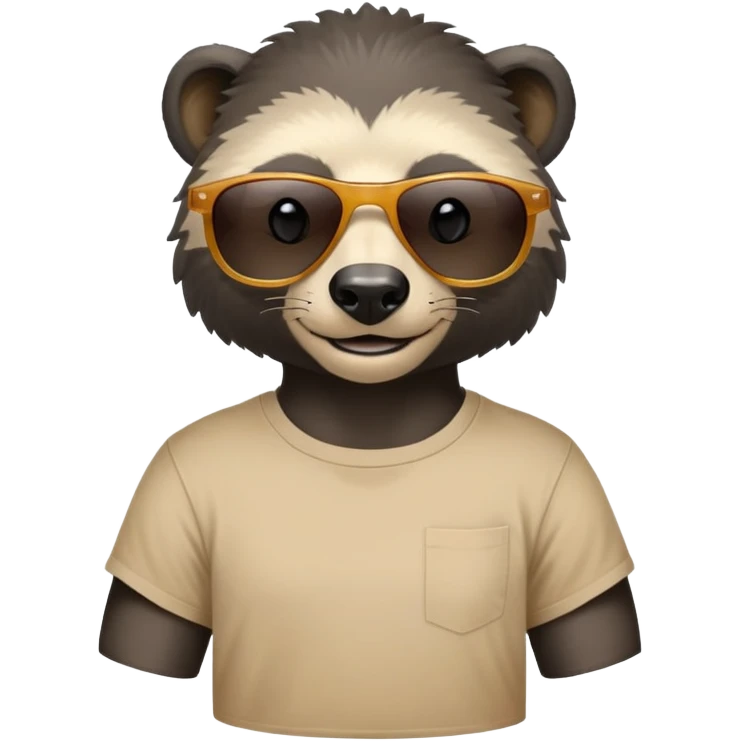 friendly anthropomorphised honey badger head and neck wearing sunglasses, top of t-shirt visible emoji