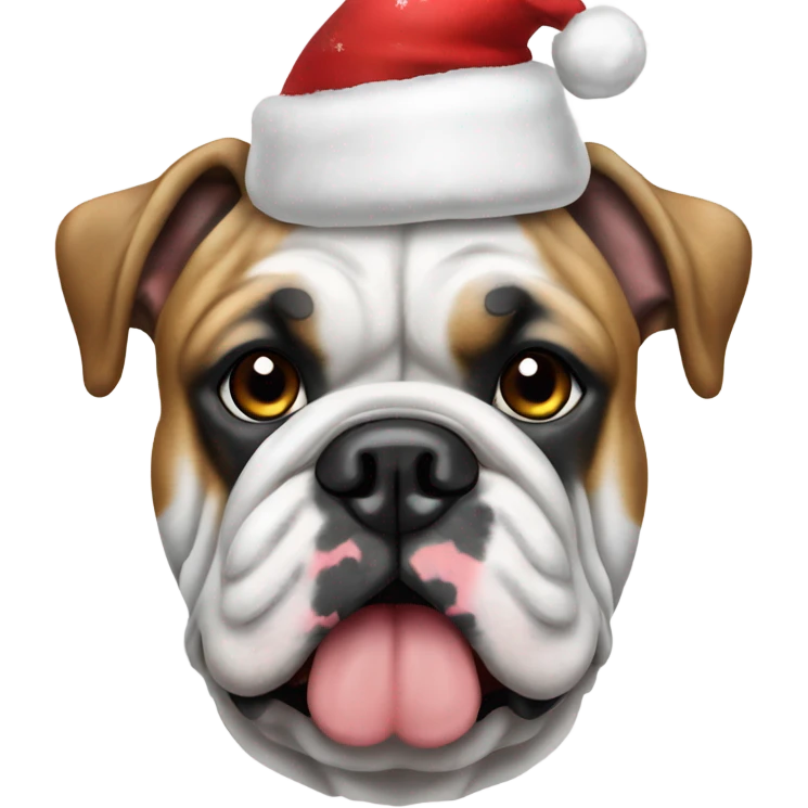 English bulldog white, speckled ears, Christmas hat emoji