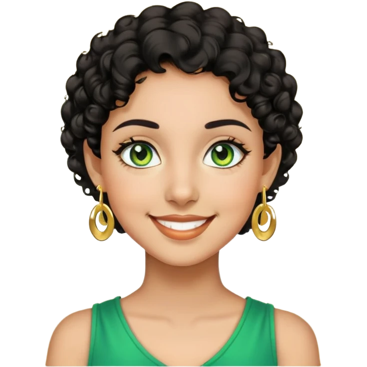 Girl showing happiness, medium skin tone, short curly black hair, gold earrings, green eyes emoji