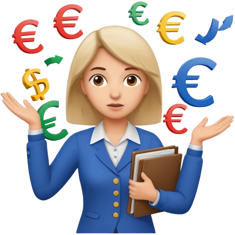 A confused female kindergardenteacher shrugging shoulders with euro symbols and documents floating around. emoji