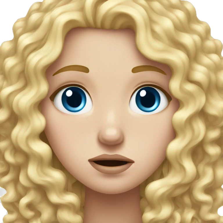 White girl with long blonde spiral curls and blue eyes crying emoji