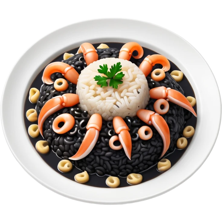 cinematic-realistic-black-risotto-dish-emoji,-showcasing-small squid pieces-rendered-with-bold-textures-and-dynamic,-dramatic-lighting. emoji