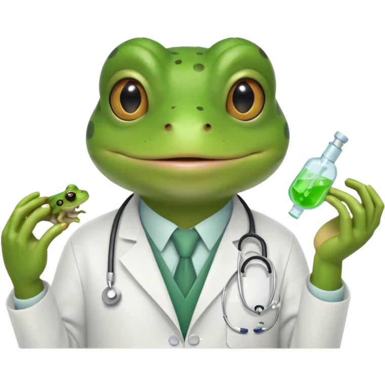 A frog in a doctor’s coat, happily examining a patient, portrait emoji