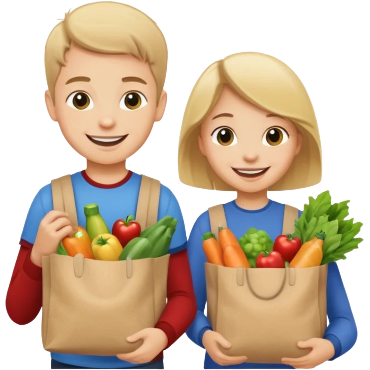 caucasian kids putting groceries in bags smiling emoji