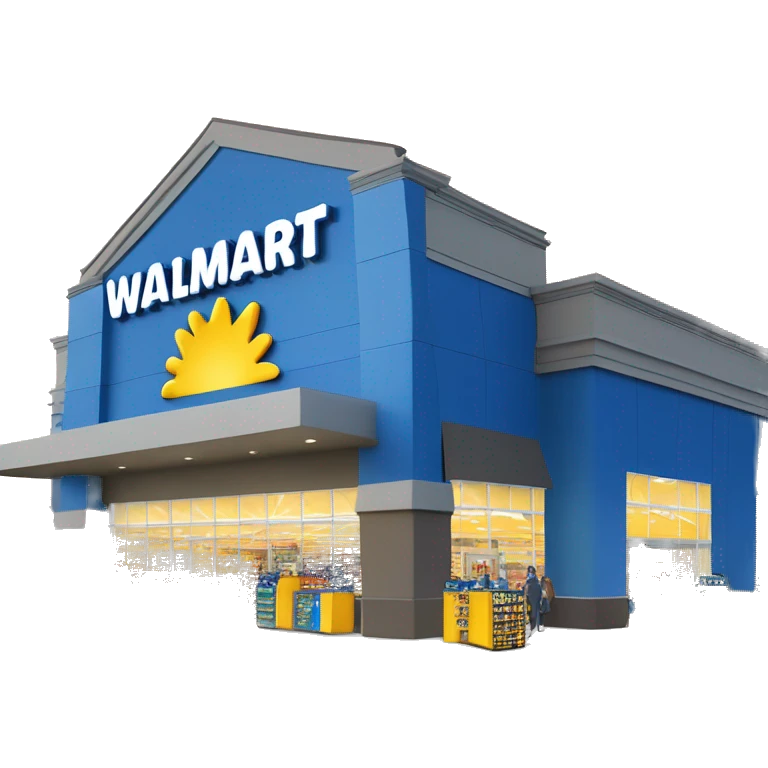 “Exterior of a Walmart store with the sunburst logo above the entrance, blue facade with yellow accents, large sliding glass doors, and shopping carts lined up outside, capturing the look of a busy retail supercenter.” emoji