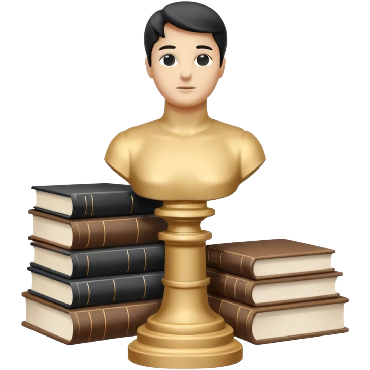Minimalistic flat vector icon, iOS style, thin black contour on white background. Bust statue on a small pedestal next to a stack of books, symbolizing classic literature. Clean, no text, no shadows emoji