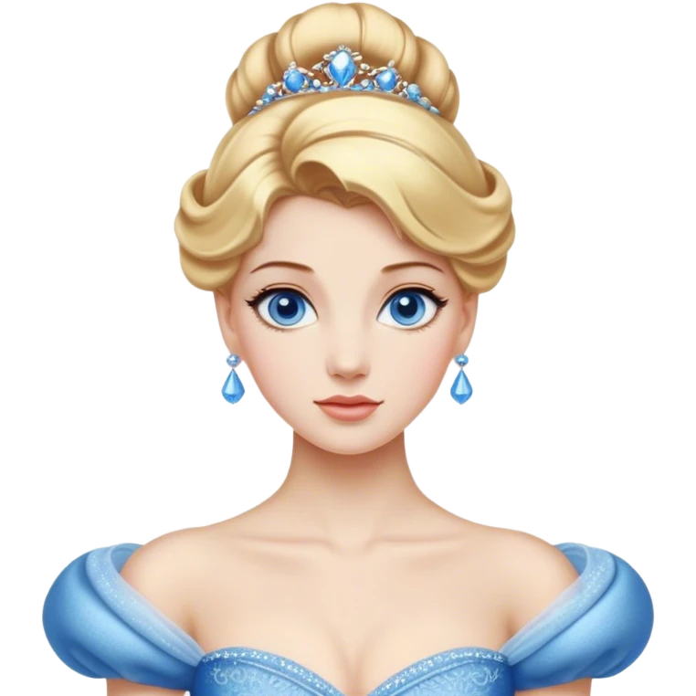 Cinematic Realistic Noble Cinderella Portrait, depicted with porcelain skin rendered in lifelike detail and soft, natural lighting that highlights every delicate nuance. Her intricately styled golden-blonde hair is arranged in an elegant updo, and her deep, expressive blue eyes radiate quiet determination. She wears her classic ball gown with rich fabric textures and delicate folds catching the light beautifully, all set against a subtly glowing, natural background that captures the essence of timeless royal grace. emoji