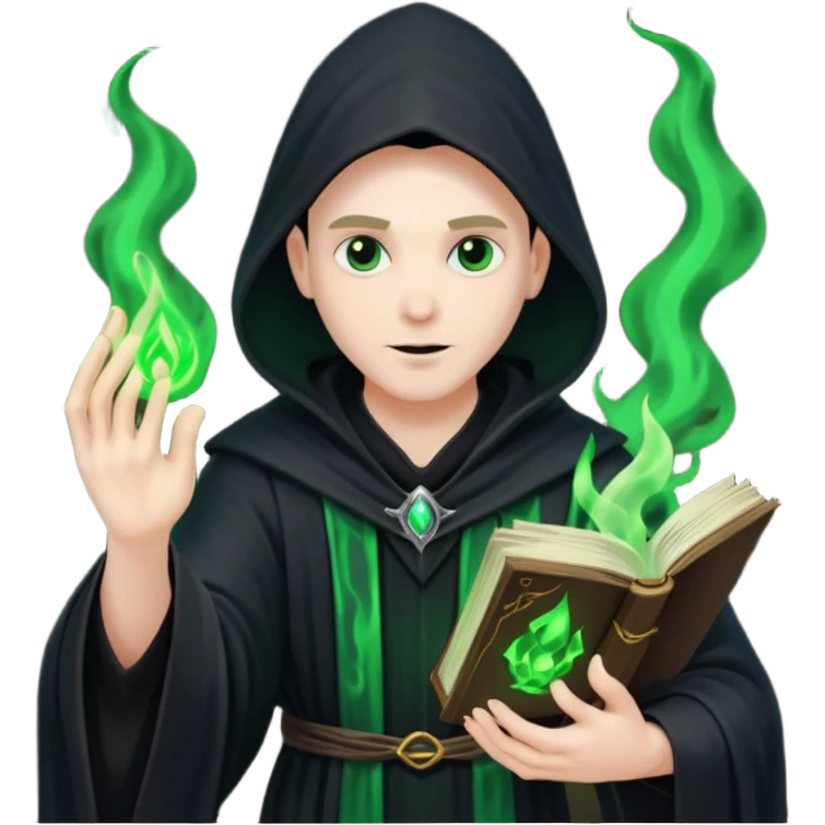 A dark sorcerer in flowing black robes, conjuring eerie green flames emoji