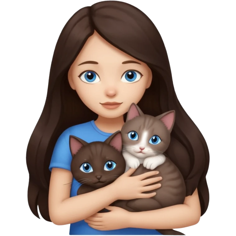 a pretty girl with long dark brown hair, with blue eyes, hugs 3 different natural coloured small cats emoji