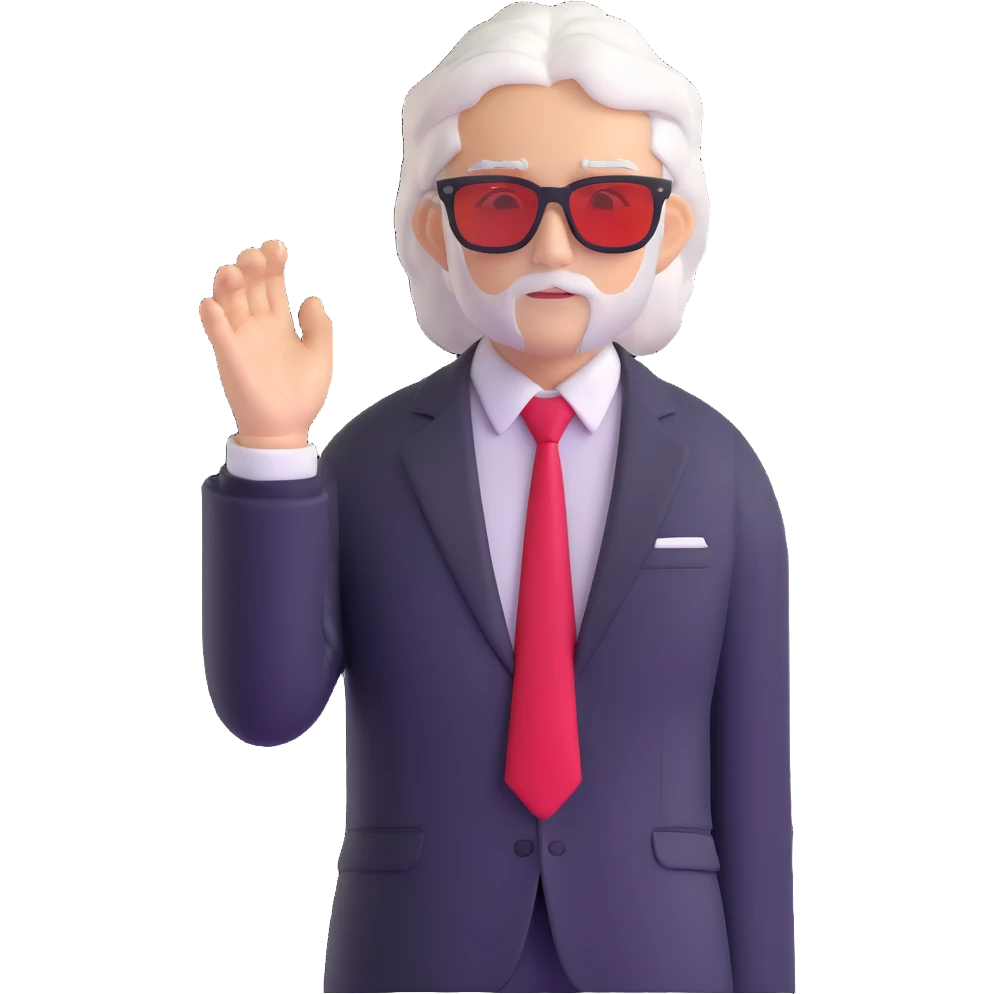 Satoru Gojo anime character with white hair, black suit, red tie, and sunglasses emoji