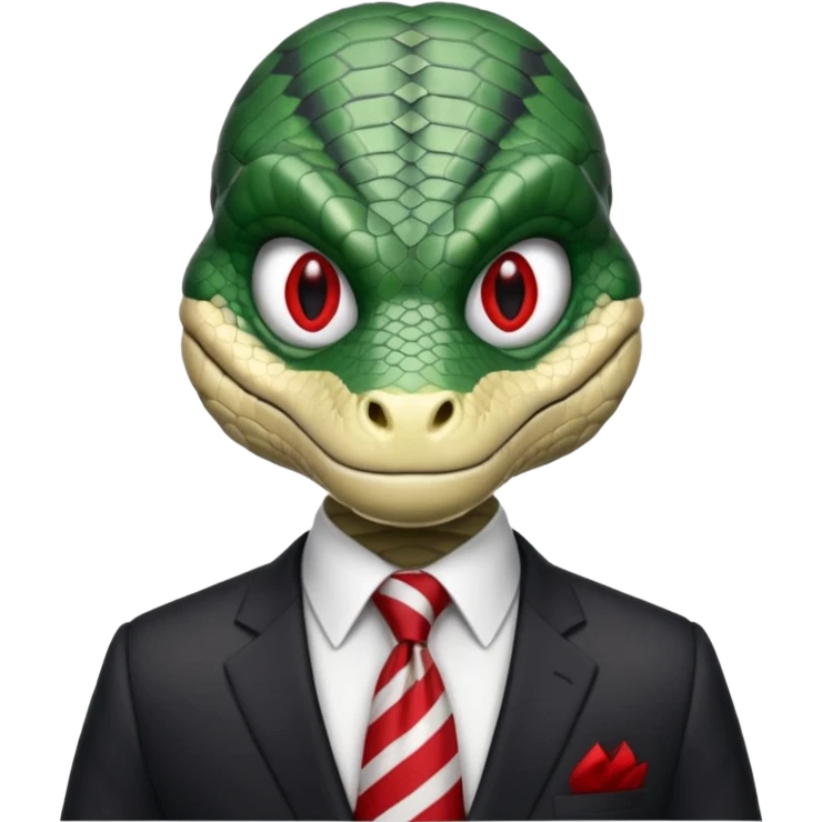 A reptilian humanoid dressing a suit, striped red and white tie, human emoji style, his face is seriously, his eyes is similar to real viper snake eye emoji