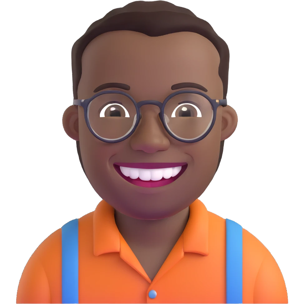 smiling black man with glasses, big teeth, standard male haircut, rural farmer, oval face emoji
