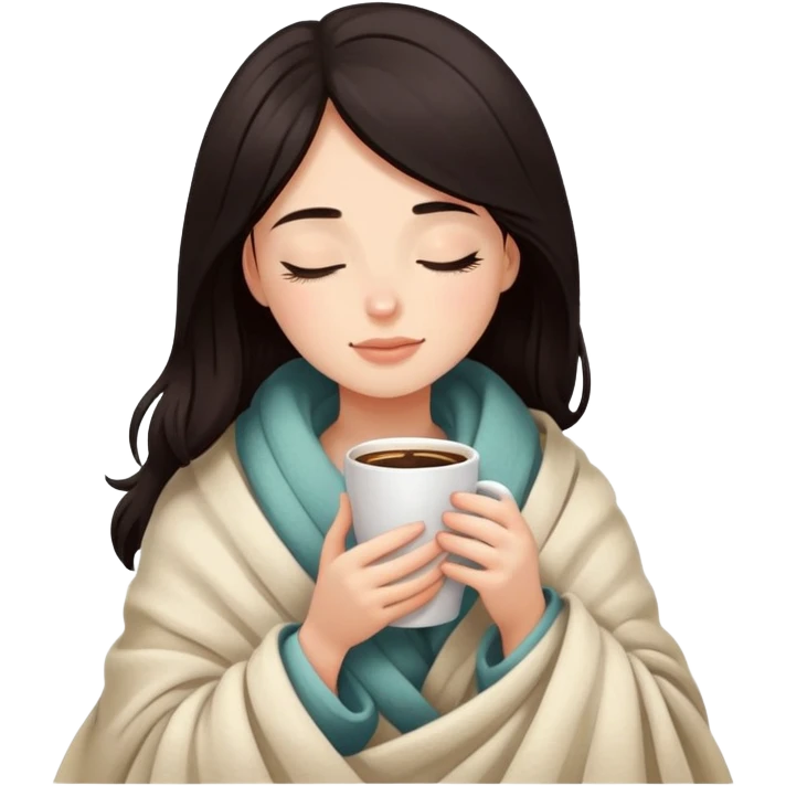 Girl with dark hair snuggled in warm blanket enjoying coffee with peaceful closed eyes emoji