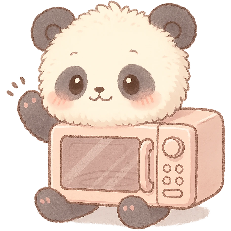 fluffy panda microwave oven, chibi style, blushing, waving, soft pastel colors, full-body emoji