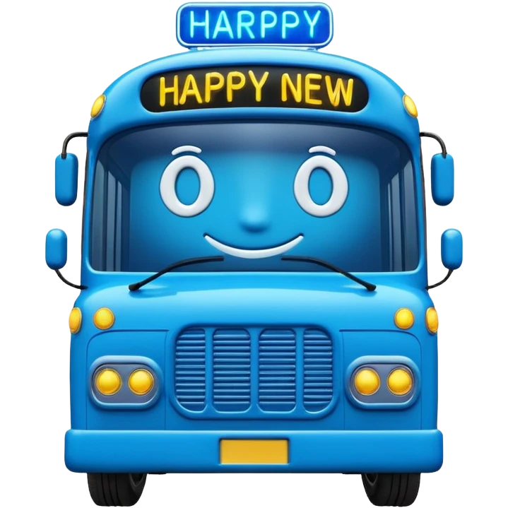 3D emoji of a modern blue
Moscow Electrobus decorated with glowing neon Christmas lights and a
"Happy New Year" digital sign on the front. Stylized 3D model, glossy finish, cute proportions, vibrant blue color, isolated on a white background. emoji