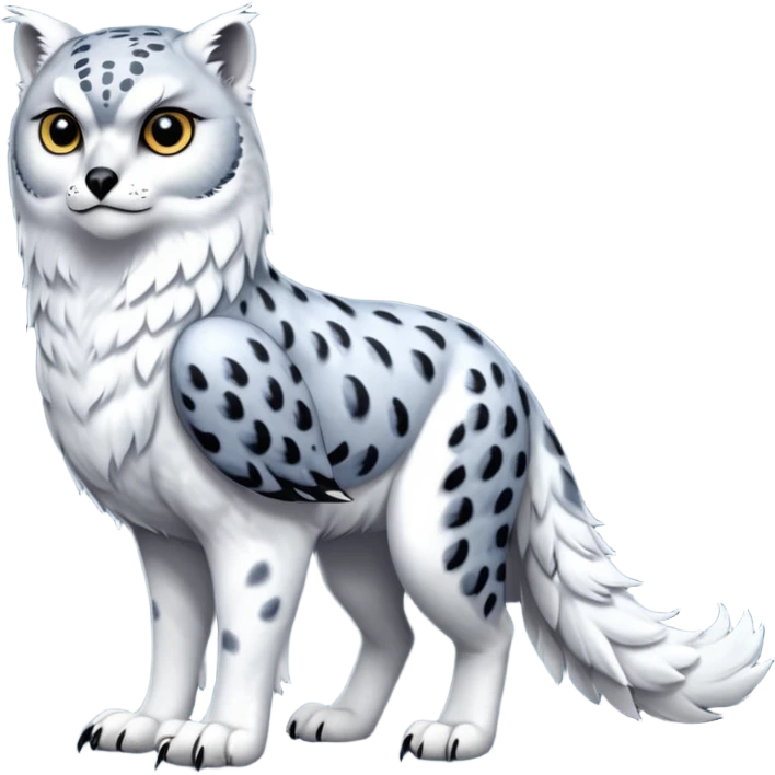 Realistic wild natural elegant pretty beautiful handsome shiny colorful furry 4-legged digitigrade snow-leopard-snowy-owl-arctic-fox-gryphon-griffin-fusion-hybrid-fursona-furry-animal-creature, full body, hyper-realism, long tufted tail emoji