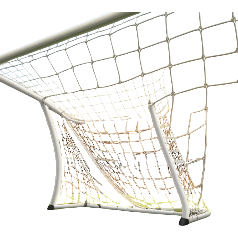 Cinematic Realistic image of a soccer goal net with intricately detailed mesh textures and subtle signs of wear, set against a dynamic, sunlit stadium backdrop that emphasizes its iconic presence in the game emoji