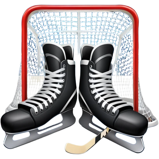 An icon showing a close-up of a hockey stick, puck, skates, and hockey net placed on the ice. The background features a packed stadium with bright lights, cheering fans, and snowy scenery outside. Transparent background highlights the key elements of the game. emoji
