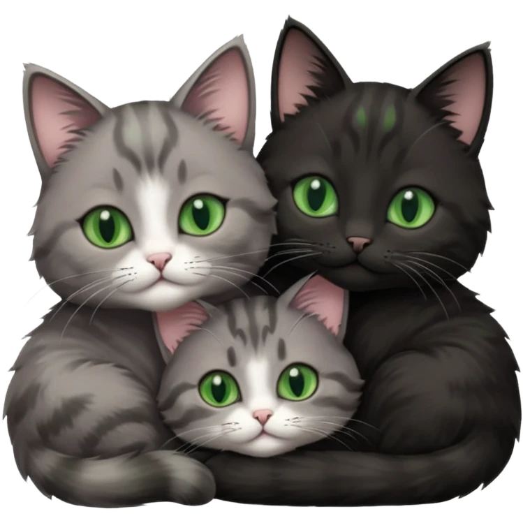 1 grey cat with pastal green eyes and 1 black with green eyes cat cuddling emoji