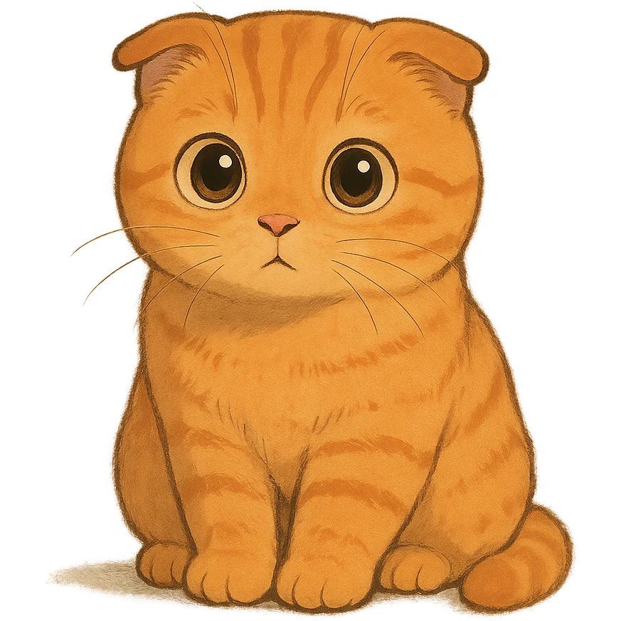 orange scottish fold kitten sitting, round innocent eyes emoji