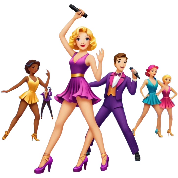 Vintage movie poster-style icon for a musical film. The cityscape glows in the background, evoking the golden era of musicals. A vibrant street scene with bright lights, dancers mid-step, a singer with a microphone among the skyscrapers. Transparent background. emoji