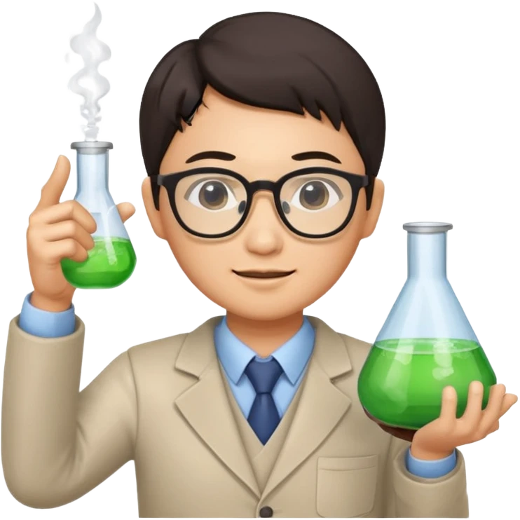 asian chemistry teacher wearing glasses holdin a flask pointing right emoji