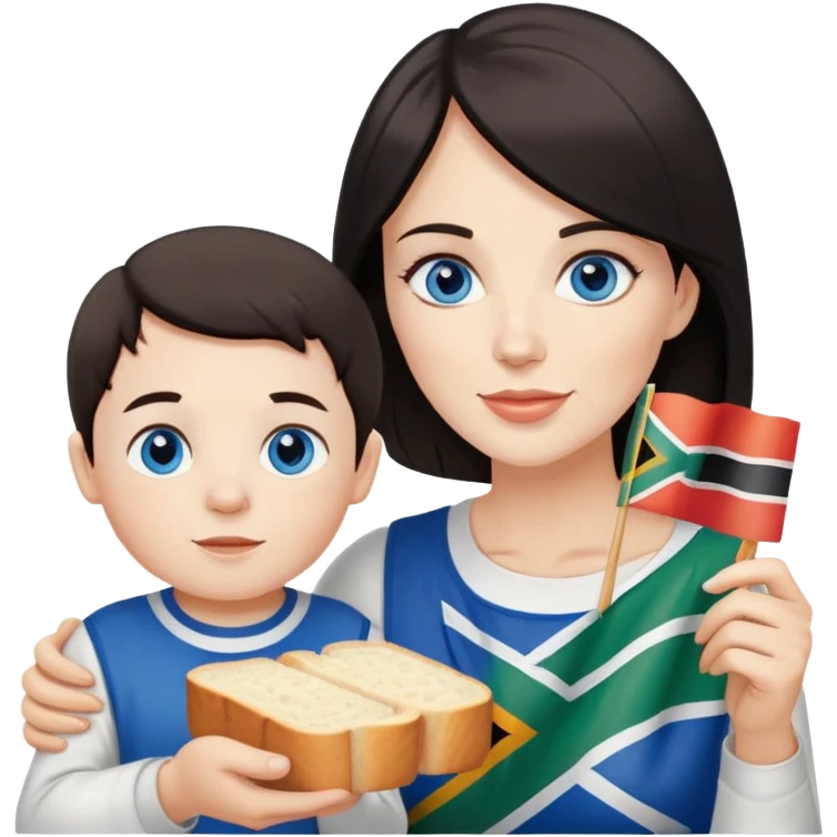 White dark hair blue eyed Lady with son eating white bread and holding South African flag  emoji