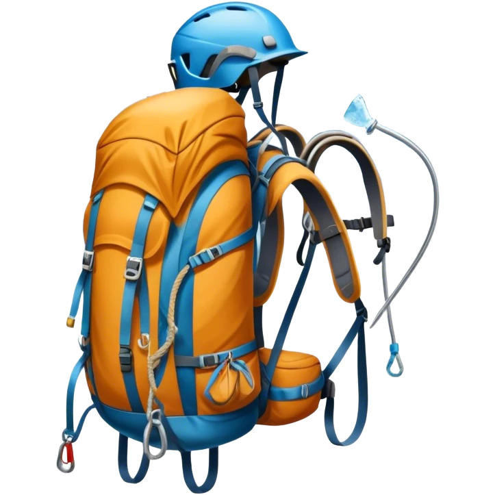 Icon for Mountain Tourism and Climbing: a mountain peak in the background, climbing gear and backpack. The icon should capture the adventure and challenge of alpine exploration. Transparent background. emoji