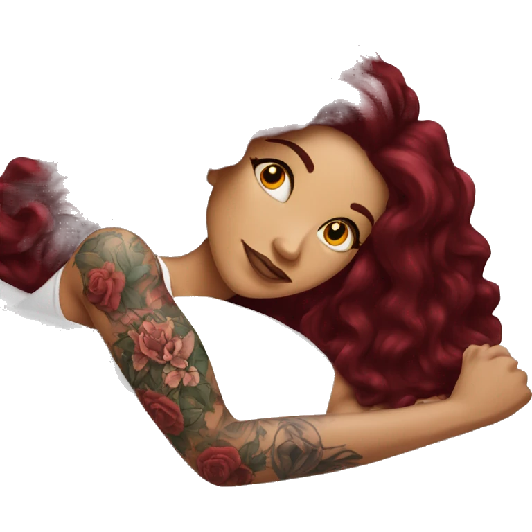 Beautiful tattooed burgundy long haired woman laying on the bed emoji