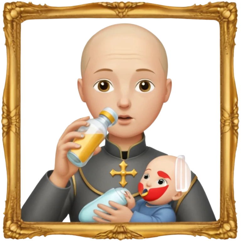 Un homme avec une calvitie cheveux ras boit un biberon  avec Jeanne d’arc dans le biberon  emoji