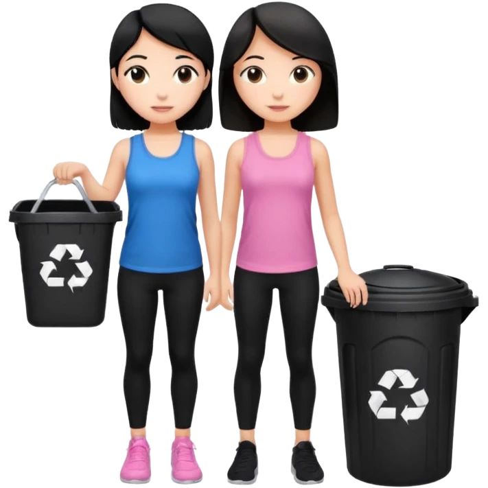 generate a genmoji of a black haired girl in a pink tank top and black leggings holding a black trash bag. Standing with her is a brunette girl in a similar blue tank top and black leggings.
Standing in front of a dustbin emoji