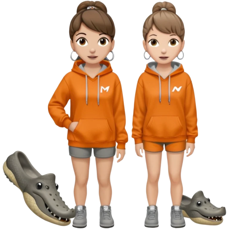 can you make a white girl with brown hair that is in a bun  and brown eyes and a normal white person nose and then she is wearing a grey hoodie mclaran formula 1 and wearing dirty white crocs with taylor swift gibits, 3 on each croc and she has 4 ear peiecings and hoop and stud and black shorts
 emoji