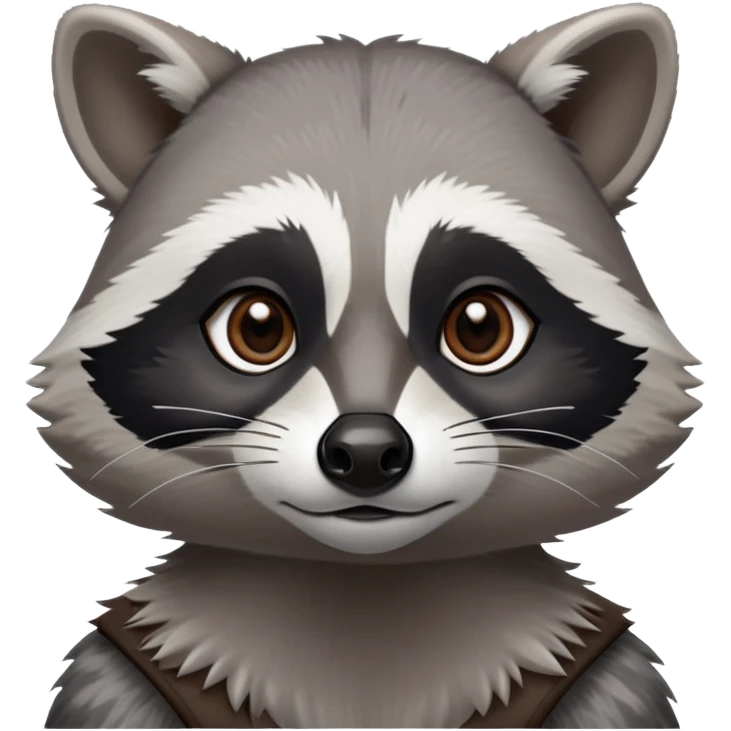 Cinematic-Noble-Raccoon-Portrait-Emoji – Poised and confident, with a sturdy build and a beautifully textured fur of silver-grey accented by dark black facial markings, deep-set, intelligent brown eyes, simplified yet sharp and sophisticated zoom out to show shoulders emoji