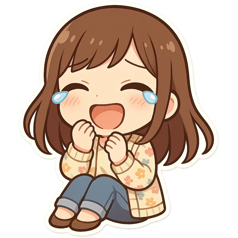 chibi sticker of a girl with brown straight hair and brown eyes, wearing a pastel floral cardigan and jeans, laughing to tears, sitting down, white outline, transparent background, 512x512px emoji