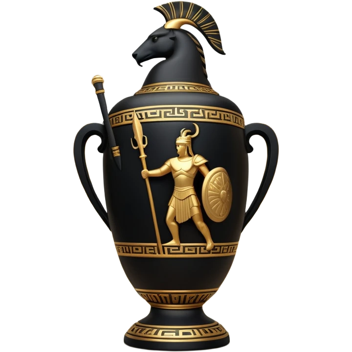 Cinematic-realistic Grecian urn, an exquisite black-figure pottery masterpiece resting in the dim glow of an ancient temple. Intricate golden depiction of a warrior holding a spear, telling timeless myths of heroism and tragedy.  emoji