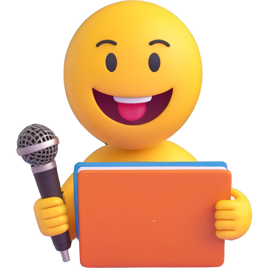 3D smiley emoji, round shape, journalist: with notebook and microphone, funny face emoji