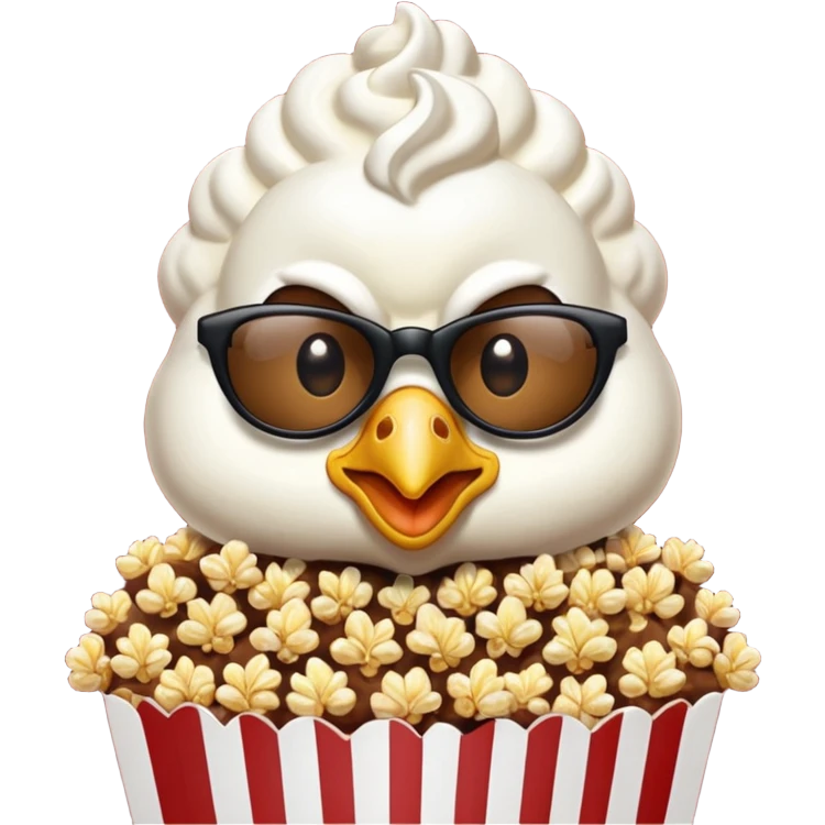 Ayam pakai kacamata dengan wajah tersenyum senyum dan sedang memegang popcorn emoji