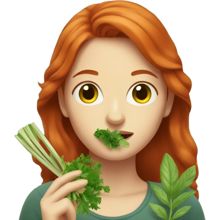 Redhead woman eating herbs emoji