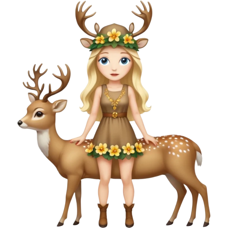 full body woman long blonde hair blue eyes white skin wearing deer hat and golden flower dress emoji